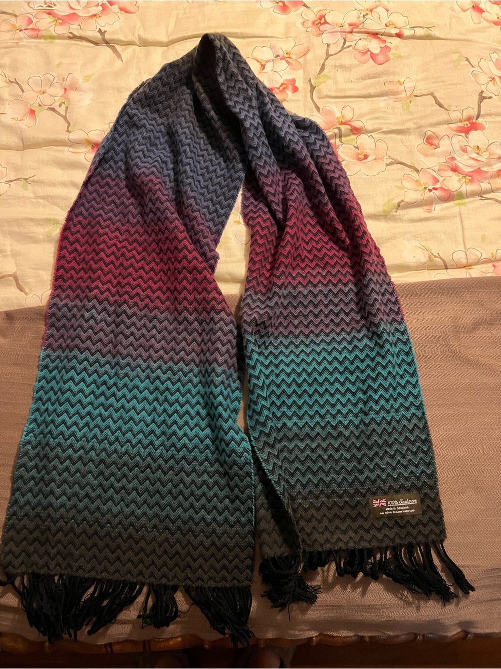 Luxury 100% Cashmere Scarf Made in Scotland Rainbow Chevron Zig Zag Colorful